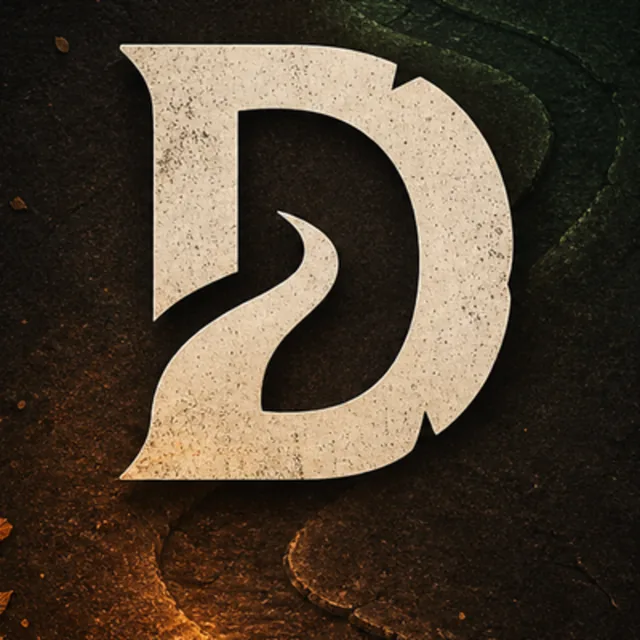 Dustcrawl monogram on a dark stone path lit by green and amber light