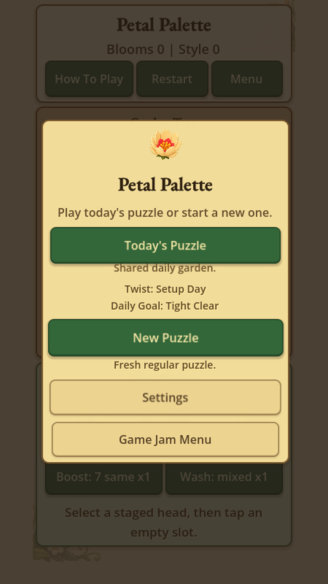 Petal Palette menu offering a daily puzzle or a fresh new puzzle